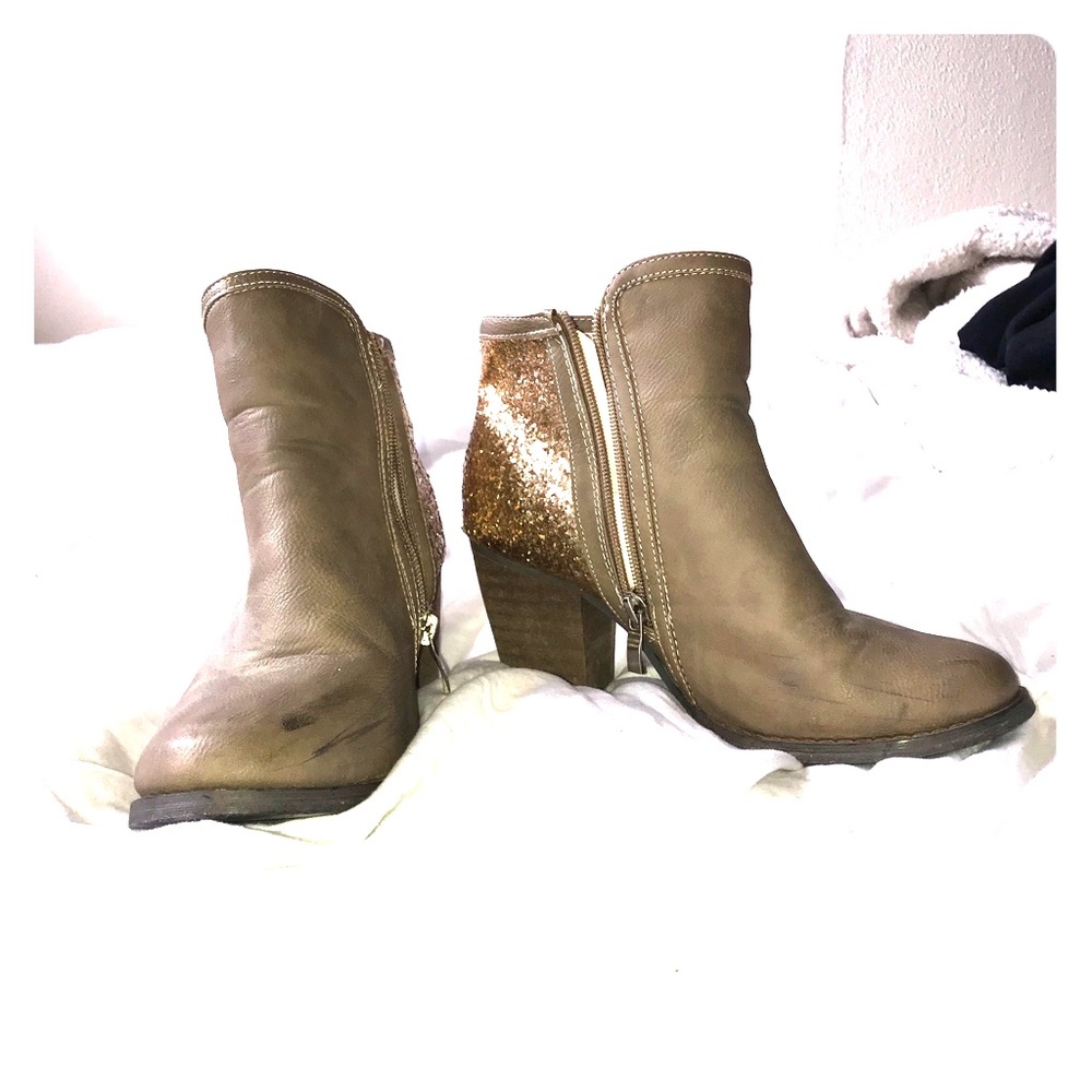 Gold and tan ankle booties